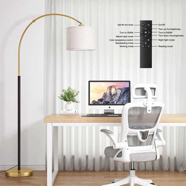 Alt view image 3 of 7 - Dimmable Arc Floor Lamp with Remote, Color Temperatures and Brightness Adjustable, Arched Floor Lamp with Rotating Head, Over Couch Arched Reading Light for Living Room (Black and Gold)