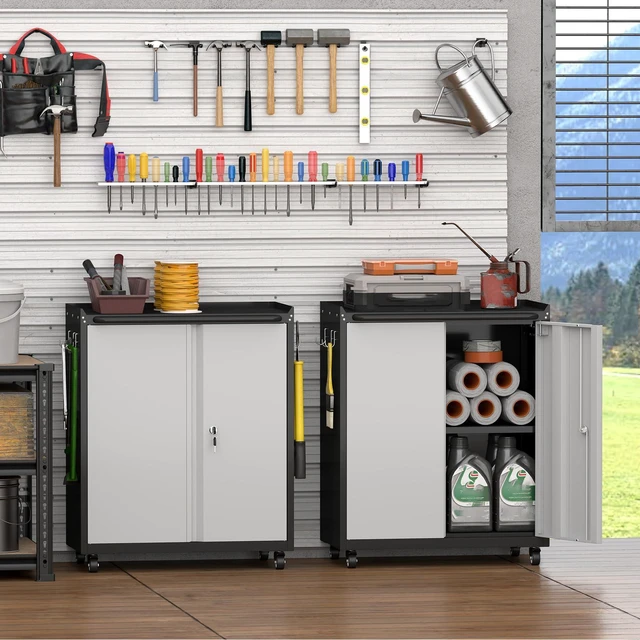 Alt view image 2 of 7 - Metal Tool Chest, Rolling Garage Cabinet with Adjustable Shelves, Metal Locking Cabinet with 2 Keys, Steel Tool Chest on Wheels for Basement, Warehouse, Utility Room, Grey