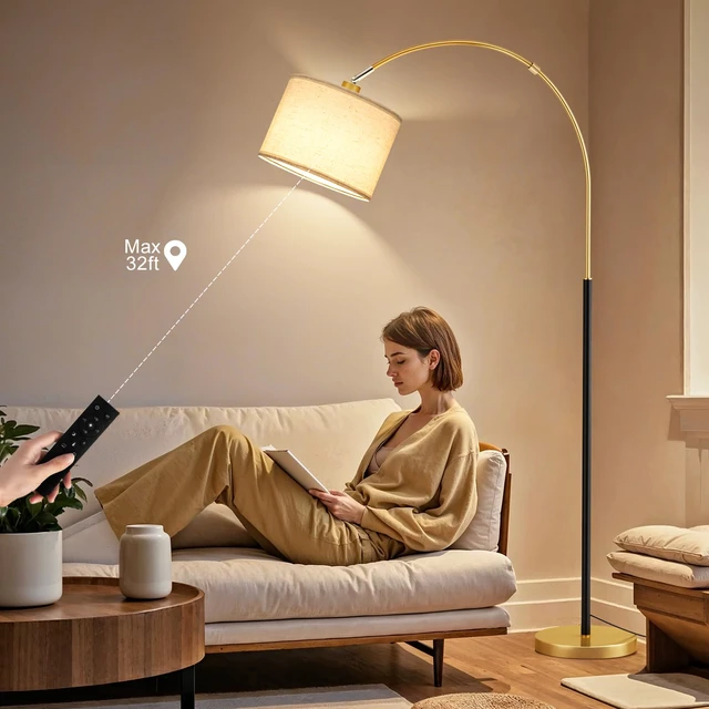 Alt view image 6 of 7 - Dimmable Arc Floor Lamp with Remote, Color Temperatures and Brightness Adjustable, Arched Floor Lamp with Rotating Head, Over Couch Arched Reading Light for Living Room (Black and Gold)