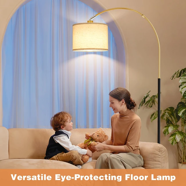 Alt view image 7 of 7 - Dimmable Arc Floor Lamp with Remote, Color Temperatures and Brightness Adjustable, Arched Floor Lamp with Rotating Head, Over Couch Arched Reading Light for Living Room (Black and Gold)