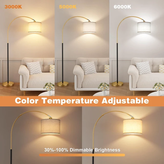 Alt view image 4 of 7 - Dimmable Arc Floor Lamp with Remote, Color Temperatures and Brightness Adjustable, Arched Floor Lamp with Rotating Head, Over Couch Arched Reading Light for Living Room (Black and Gold)