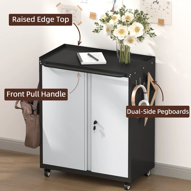 Alt view image 5 of 7 - Metal Tool Chest, Rolling Garage Cabinet with Adjustable Shelves, Metal Locking Cabinet with 2 Keys, Steel Tool Chest on Wheels for Basement, Warehouse, Utility Room, Grey
