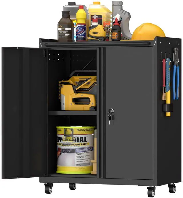 Main image of Metal Cabinet with Wheels, Steel Cabine with Locking Doors, Small Cabinet with Adjustable Shelf, Tool Cabinets for Garage, Suitable for Home Office, Garage, Office