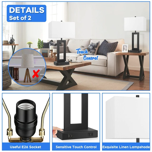 Alt view image 6 of 7 - 22" Table Lamp Set of 2, Modern Touch Control Lamp with 2 USB Ports 3 Way Dimmable, White Fabric Shade, E26 Base, Desk Lamp for Living Room, Bedroom, 2 Bulbs Included