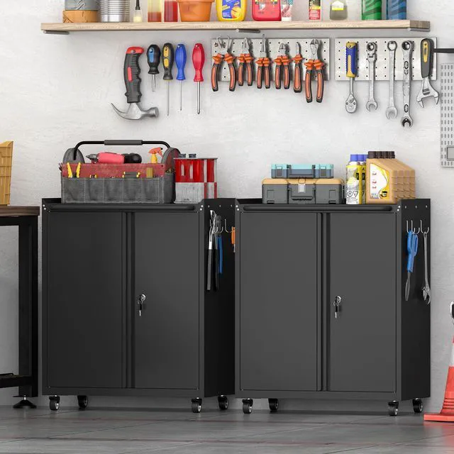 Alt view image 2 of 7 - Metal Cabinet with Wheels, Steel Cabine with Locking Doors, Small Cabinet with Adjustable Shelf, Tool Cabinets for Garage, Suitable for Home Office, Garage, Office