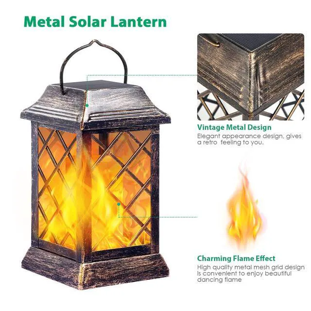 Alt view image 2 of 7 - Flickering Flame Solar Lights Outdoor Metal Hanging Lantern, 2 Pack Realistic Flame Effect, Charges in 6-8 Hours, 10-12-Hour Runtime, IP65 Waterproof, Auto On/Off for Patio, Garden and Porch