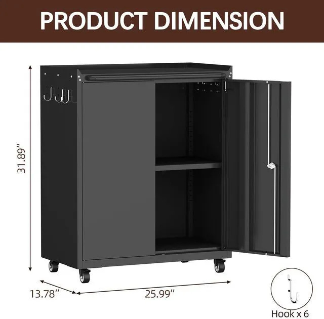 Alt view image 3 of 7 - Metal Cabinet with Wheels, Steel Cabine with Locking Doors, Small Cabinet with Adjustable Shelf, Tool Cabinets for Garage, Suitable for Home Office, Garage, Office