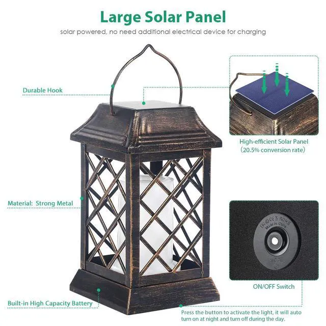 Alt view image 3 of 7 - Flickering Flame Solar Lights Outdoor Metal Hanging Lantern, 2 Pack Realistic Flame Effect, Charges in 6-8 Hours, 10-12-Hour Runtime, IP65 Waterproof, Auto On/Off for Patio, Garden and Porch