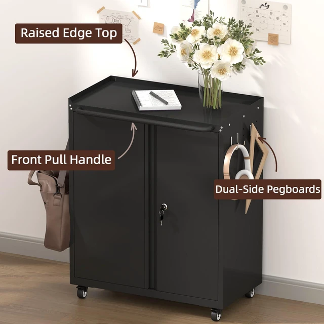 Alt view image 4 of 7 - Metal Cabinet with Wheels, Steel Cabine with Locking Doors, Small Cabinet with Adjustable Shelf, Tool Cabinets for Garage, Suitable for Home Office, Garage, Office