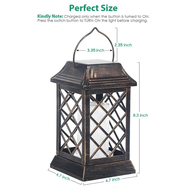 Alt view image 4 of 7 - Flickering Flame Solar Lights Outdoor Metal Hanging Lantern, 2 Pack Realistic Flame Effect, Charges in 6-8 Hours, 10-12-Hour Runtime, IP65 Waterproof, Auto On/Off for Patio, Garden and Porch