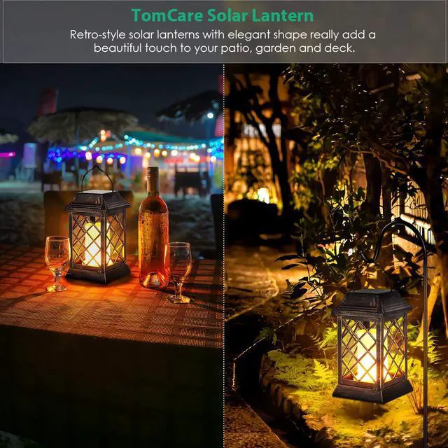 Alt view image 5 of 7 - Flickering Flame Solar Lights Outdoor Metal Hanging Lantern, 2 Pack Realistic Flame Effect, Charges in 6-8 Hours, 10-12-Hour Runtime, IP65 Waterproof, Auto On/Off for Patio, Garden and Porch