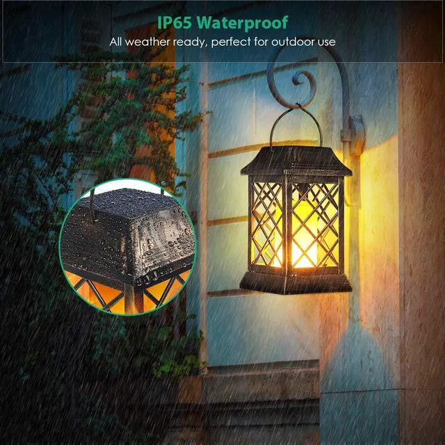 Alt view image 6 of 7 - Flickering Flame Solar Lights Outdoor Metal Hanging Lantern, 2 Pack Realistic Flame Effect, Charges in 6-8 Hours, 10-12-Hour Runtime, IP65 Waterproof, Auto On/Off for Patio, Garden and Porch