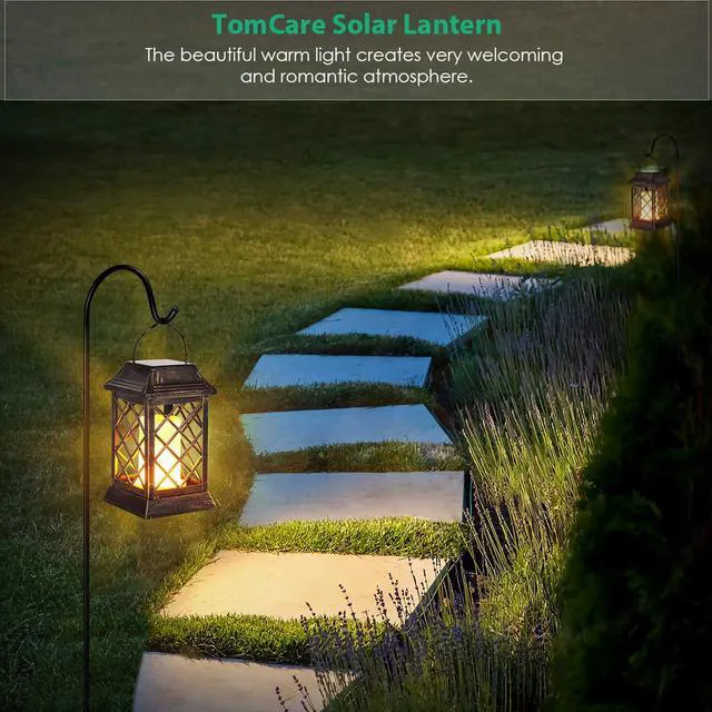 Alt view image 7 of 7 - Flickering Flame Solar Lights Outdoor Metal Hanging Lantern, 2 Pack Realistic Flame Effect, Charges in 6-8 Hours, 10-12-Hour Runtime, IP65 Waterproof, Auto On/Off for Patio, Garden and Porch