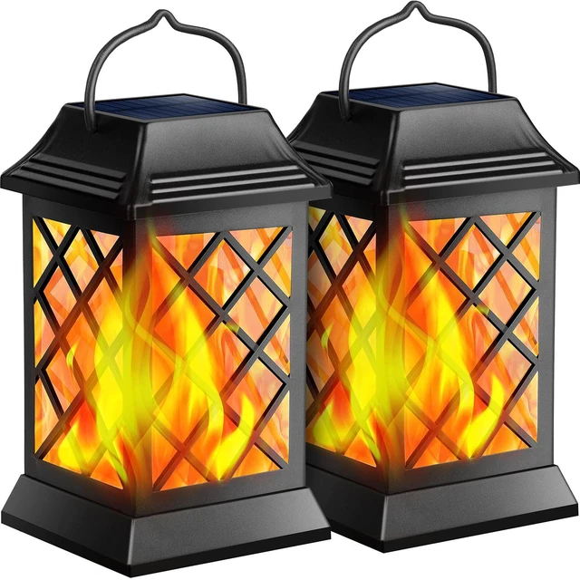 Main image of Flickering Flame Solar Lights Outdoor Metal Hanging Lantern, 2 Pack Realistic Flame Effect, Charges in 6-8 Hours, 10-12-Hour Runtime, IP65 Waterproof, Auto On/Off for Patio, Garden and Porch