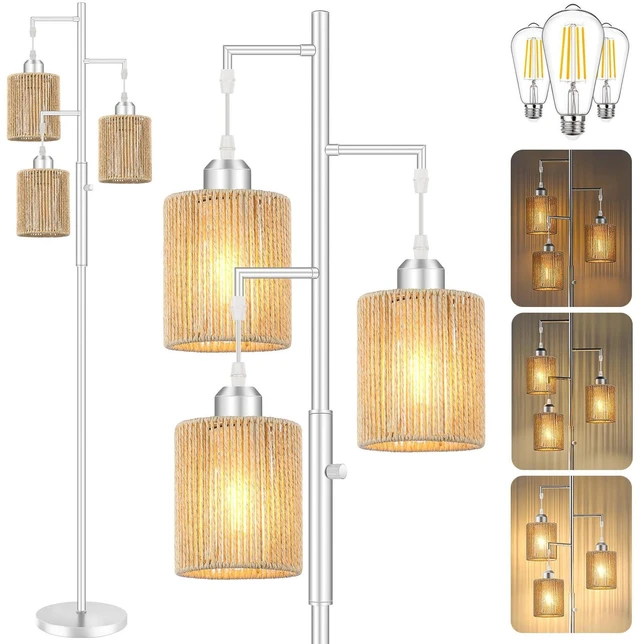 Main image of 72" Boho Rattan Tree Floor Lamp, Tall Dimmable Industrial Standing Lamp, Corner Decor Accent Lighting for Living Room, Bedroom, Dining Room, Nursery, Cafe (3 x 800LM Bulbs Included) - Silver