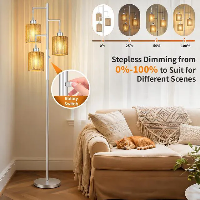 Alt view image 4 of 7 - 72" Boho Rattan Tree Floor Lamp, Tall Dimmable Industrial Standing Lamp, Corner Decor Accent Lighting for Living Room, Bedroom, Dining Room, Nursery, Cafe (3 x 800LM Bulbs Included) - Silver