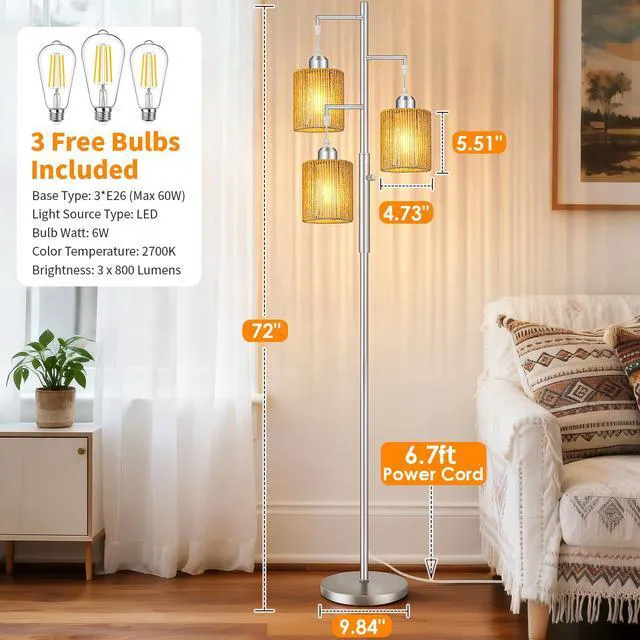 Alt view image 5 of 7 - 72" Boho Rattan Tree Floor Lamp, Tall Dimmable Industrial Standing Lamp, Corner Decor Accent Lighting for Living Room, Bedroom, Dining Room, Nursery, Cafe (3 x 800LM Bulbs Included) - Silver