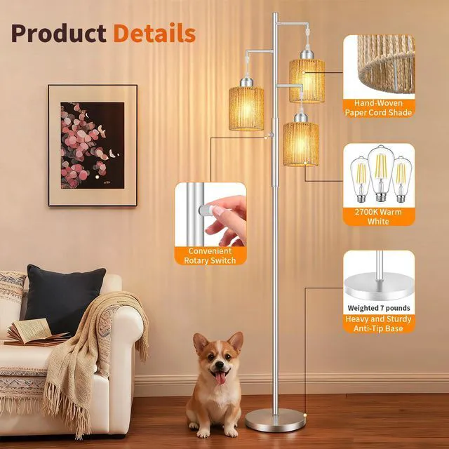 Alt view image 6 of 7 - 72" Boho Rattan Tree Floor Lamp, Tall Dimmable Industrial Standing Lamp, Corner Decor Accent Lighting for Living Room, Bedroom, Dining Room, Nursery, Cafe (3 x 800LM Bulbs Included) - Silver