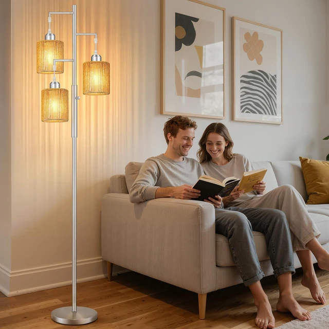 Alt view image 7 of 7 - 72" Boho Rattan Tree Floor Lamp, Tall Dimmable Industrial Standing Lamp, Corner Decor Accent Lighting for Living Room, Bedroom, Dining Room, Nursery, Cafe (3 x 800LM Bulbs Included) - Silver