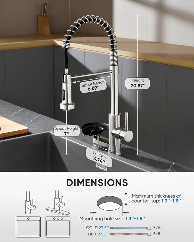 Alt view image 4 of 7 - Pull Down Kitchen Faucet with Cup Washer Brushed Nickel Kitchen Sink Faucet with Deck Plate,Glass Rinser,Single Handle,Single Hole,Lead-Free Stainless Steel