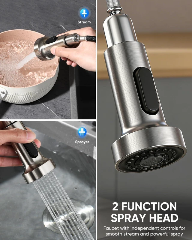 Alt view image 3 of 7 - Pull Down Kitchen Faucet with Cup Washer Brushed Nickel Kitchen Sink Faucet with Deck Plate,Glass Rinser,Single Handle,Single Hole,Lead-Free Stainless Steel
