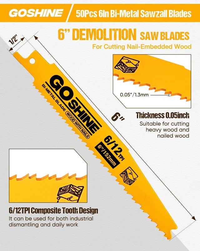 Alt view image 2 of 7 - 50 Pack 6 Inch 6/12TPI Reciprocating Saw Blades,Stud and Nail Saw Blades, 6" High Strength Bi-Metal Saw Saw Blades Wood and Nail-Embedded Wood, Metal,PVC, Pallets etc,with Storage Box