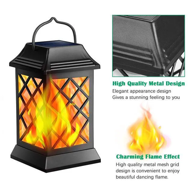 Alt view image 2 of 7 - Flickering Flame Solar Lights Outdoor Metal Hanging Lantern, 2 Pack Realistic Flame Effect, Charges in 6-8 Hours, 10-12-Hour Runtime, IP65 Waterproof, Auto On/Off for Patio, Garden and Porch