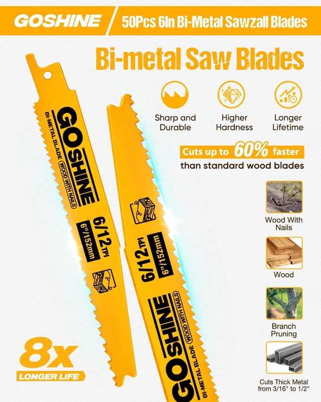 Alt view image 3 of 7 - 50 Pack 6 Inch 6/12TPI Reciprocating Saw Blades,Stud and Nail Saw Blades, 6" High Strength Bi-Metal Saw Saw Blades Wood and Nail-Embedded Wood, Metal,PVC, Pallets etc,with Storage Box