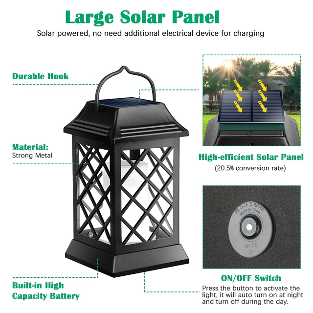 Alt view image 3 of 7 - Flickering Flame Solar Lights Outdoor Metal Hanging Lantern, 2 Pack Realistic Flame Effect, Charges in 6-8 Hours, 10-12-Hour Runtime, IP65 Waterproof, Auto On/Off for Patio, Garden and Porch