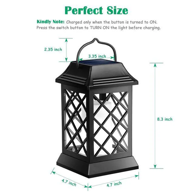 Alt view image 4 of 7 - Flickering Flame Solar Lights Outdoor Metal Hanging Lantern, 2 Pack Realistic Flame Effect, Charges in 6-8 Hours, 10-12-Hour Runtime, IP65 Waterproof, Auto On/Off for Patio, Garden and Porch