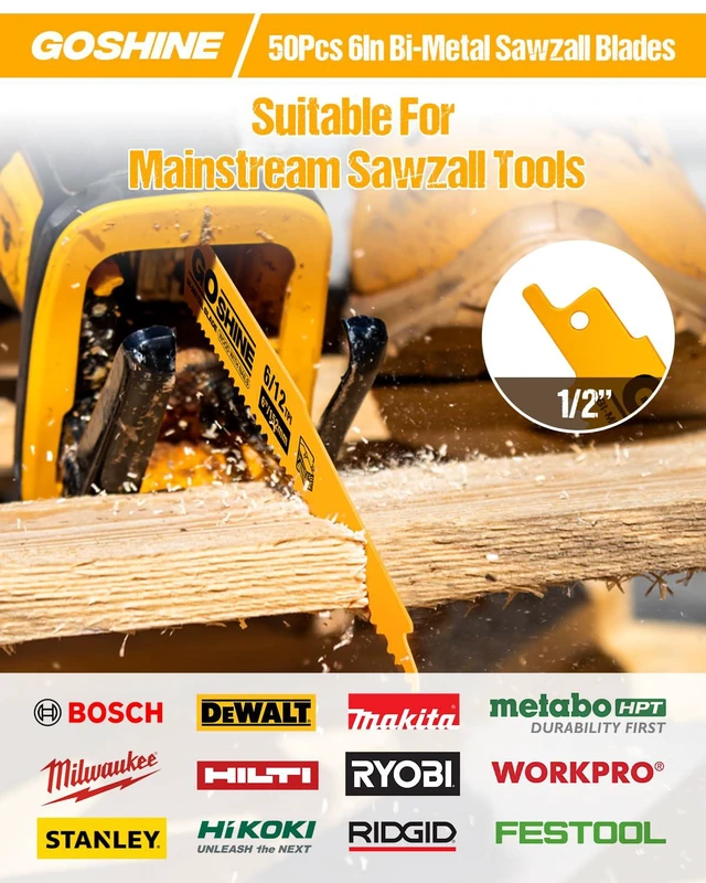 Alt view image 5 of 7 - 50 Pack 6 Inch 6/12TPI Reciprocating Saw Blades,Stud and Nail Saw Blades, 6" High Strength Bi-Metal Saw Saw Blades Wood and Nail-Embedded Wood, Metal,PVC, Pallets etc,with Storage Box