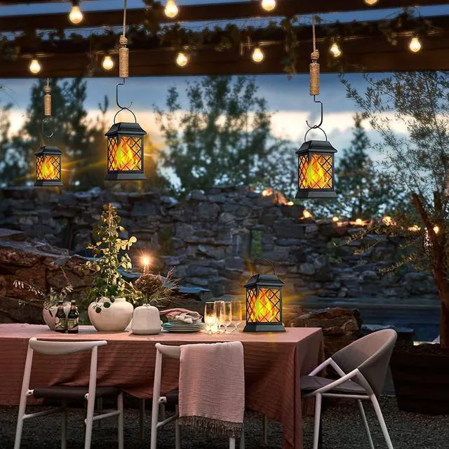 Alt view image 6 of 7 - Flickering Flame Solar Lights Outdoor Metal Hanging Lantern, 2 Pack Realistic Flame Effect, Charges in 6-8 Hours, 10-12-Hour Runtime, IP65 Waterproof, Auto On/Off for Patio, Garden and Porch