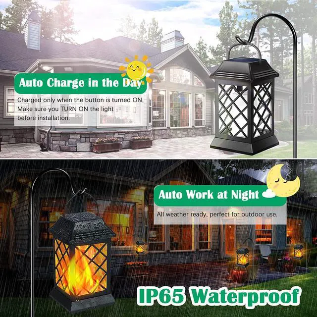 Alt view image 5 of 7 - Flickering Flame Solar Lights Outdoor Metal Hanging Lantern, 2 Pack Realistic Flame Effect, Charges in 6-8 Hours, 10-12-Hour Runtime, IP65 Waterproof, Auto On/Off for Patio, Garden and Porch