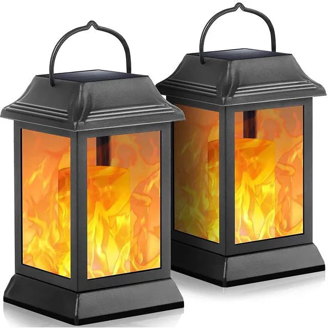 Main image of Flickering Flame Solar Lights Outdoor Metal Hanging Lantern, 2 Pack Realistic Flame Effect, Charges in 6-8 Hours, 10-12-Hour Runtime, IP65 Waterproof, Auto On/Off for Patio, Garden and Porch