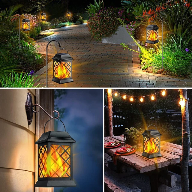 Alt view image 7 of 7 - Flickering Flame Solar Lights Outdoor Metal Hanging Lantern, 2 Pack Realistic Flame Effect, Charges in 6-8 Hours, 10-12-Hour Runtime, IP65 Waterproof, Auto On/Off for Patio, Garden and Porch