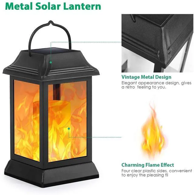 Alt view image 2 of 7 - Flickering Flame Solar Lights Outdoor Metal Hanging Lantern, 2 Pack Realistic Flame Effect, Charges in 6-8 Hours, 10-12-Hour Runtime, IP65 Waterproof, Auto On/Off for Patio, Garden and Porch