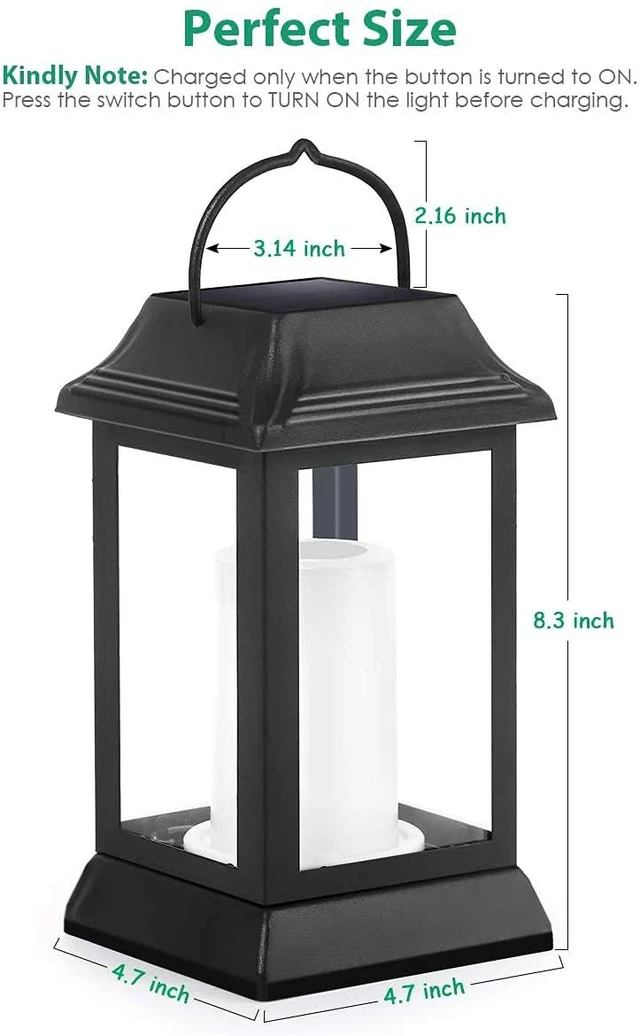 Alt view image 3 of 7 - Flickering Flame Solar Lights Outdoor Metal Hanging Lantern, 2 Pack Realistic Flame Effect, Charges in 6-8 Hours, 10-12-Hour Runtime, IP65 Waterproof, Auto On/Off for Patio, Garden and Porch