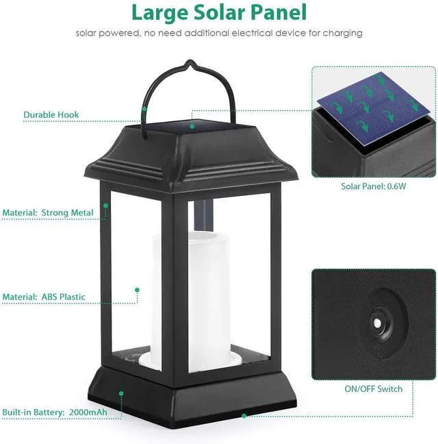 Alt view image 4 of 7 - Flickering Flame Solar Lights Outdoor Metal Hanging Lantern, 2 Pack Realistic Flame Effect, Charges in 6-8 Hours, 10-12-Hour Runtime, IP65 Waterproof, Auto On/Off for Patio, Garden and Porch