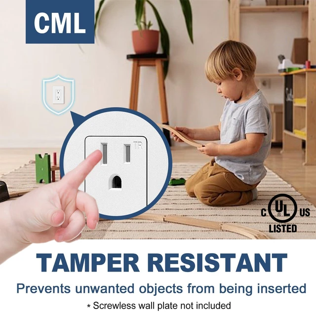 Alt view image 3 of 7 - 100 Pack Matte White Decorator Receptacle Outlet, Tamper Resistant (TR) Electrical Wall Outlets, 15A/125V, 2 Pole 3 Wire, NEMA 5-15R, UL Listed