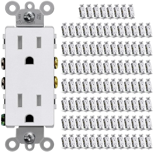 Main image of 100 Pack Matte White Decorator Receptacle Outlet, Tamper Resistant (TR) Electrical Wall Outlets, 15A/125V, 2 Pole 3 Wire, NEMA 5-15R, UL Listed