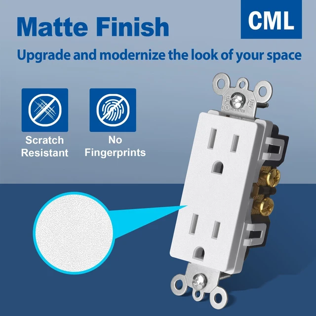 Alt view image 2 of 7 - 100 Pack Matte White Decorator Receptacle Outlet, Tamper Resistant (TR) Electrical Wall Outlets, 15A/125V, 2 Pole 3 Wire, NEMA 5-15R, UL Listed