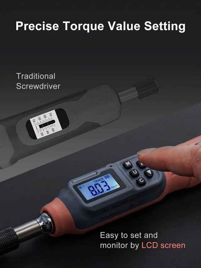 Alt view image 3 of 7 - Digital Torque Screwdriver, 2.66-53.1 In-lbs/0.3-6 Nm, 1/4'' Drive Inch Pound Torque Screwdriver Electrician with Buzzer & LED Indicator, 27 In 1 Torque Wrench Screwdriver Set, Orange