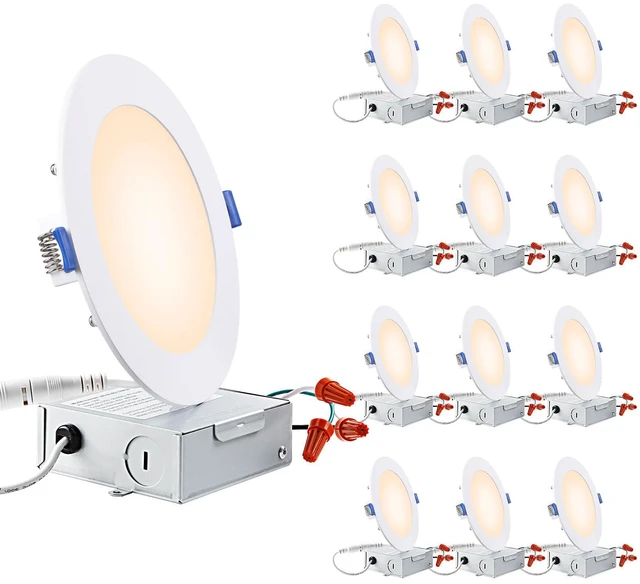 Main image of 12-Pack 6 Inch Ultra-Thin LED Recessed Light, 12W, 2700K Aluminum, 5%-100% Dimmable, ETL & ES, Slim LED Downlight with Junction Box, Soft White