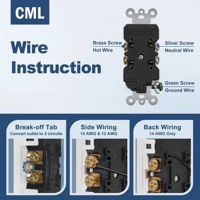 Alt view image 6 of 7 - 100 Pack Matte White Decorator Receptacle Outlet, Tamper Resistant (TR) Electrical Wall Outlets, 15A/125V, 2 Pole 3 Wire, NEMA 5-15R, UL Listed