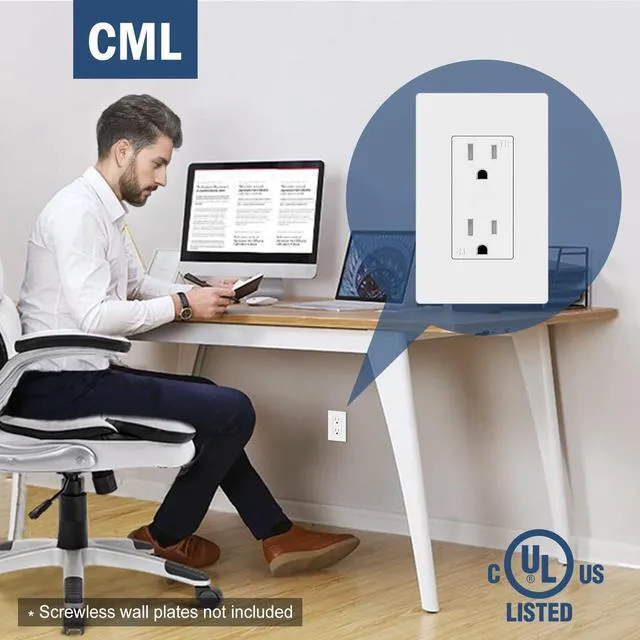 Alt view image 7 of 7 - 100 Pack Matte White Decorator Receptacle Outlet, Tamper Resistant (TR) Electrical Wall Outlets, 15A/125V, 2 Pole 3 Wire, NEMA 5-15R, UL Listed