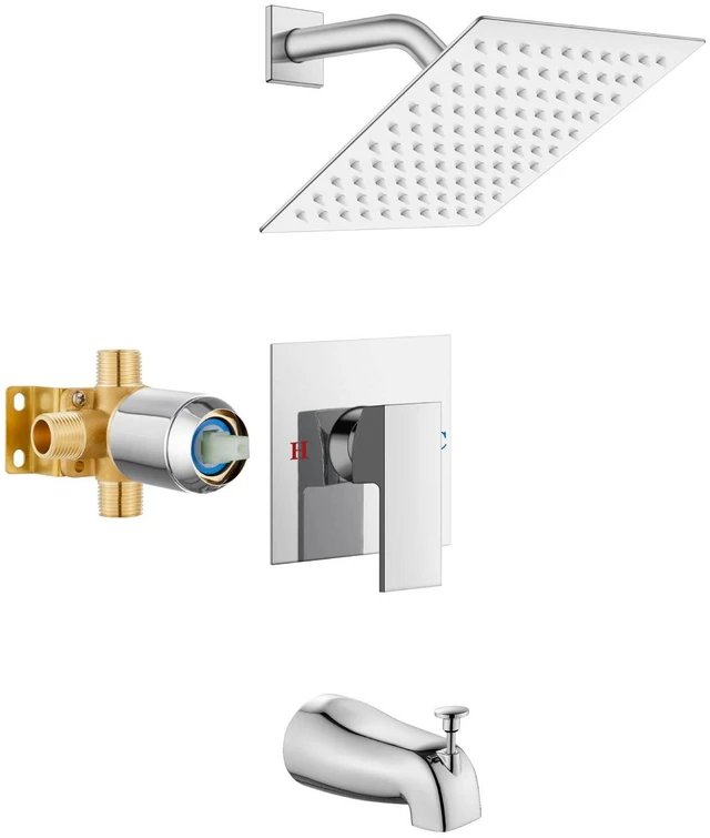 Main image of 8 Inch Shower Faucet Set,Bathtub Faucet Kit,8 Inch-Chrome Polish Shower Tub Faucet Set,Male Threads Rough-In Valve,Square Head Shower System
