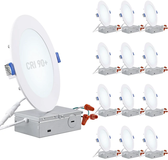 Main image of 12-Pack 6 Inch Ultra-Thin LED Recessed Light, CRI90 12W, 5000K Aluminum, 5%-100% Dimmable, ETL & ES & FCC & IC, Slim LED Downlight with Junction Box, Daylight