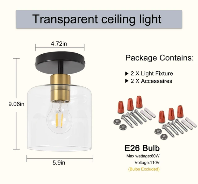 Alt view image 4 of 7 - Black Brass Semi Flush Mount Ceiling Light,Modern Farmhouse Ceiling Light Fixture for Closet Entryway,Hallway Light Fixture 5.9in Clear Glass Shade 2 Pack