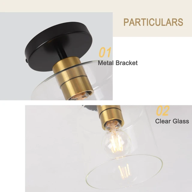 Alt view image 5 of 7 - Black Brass Semi Flush Mount Ceiling Light,Modern Farmhouse Ceiling Light Fixture for Closet Entryway,Hallway Light Fixture 5.9in Clear Glass Shade 2 Pack