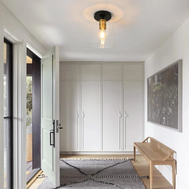 Alt view image 7 of 7 - Black Brass Semi Flush Mount Ceiling Light,Modern Farmhouse Ceiling Light Fixture for Closet Entryway,Hallway Light Fixture 5.9in Clear Glass Shade 2 Pack